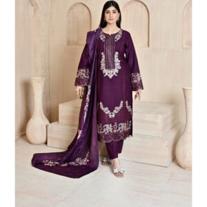 Deep Plum Embroidered Luxury 3PC Suit with Shawl