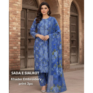 Royal Blue 3pc Floral Khaddar Print Suit